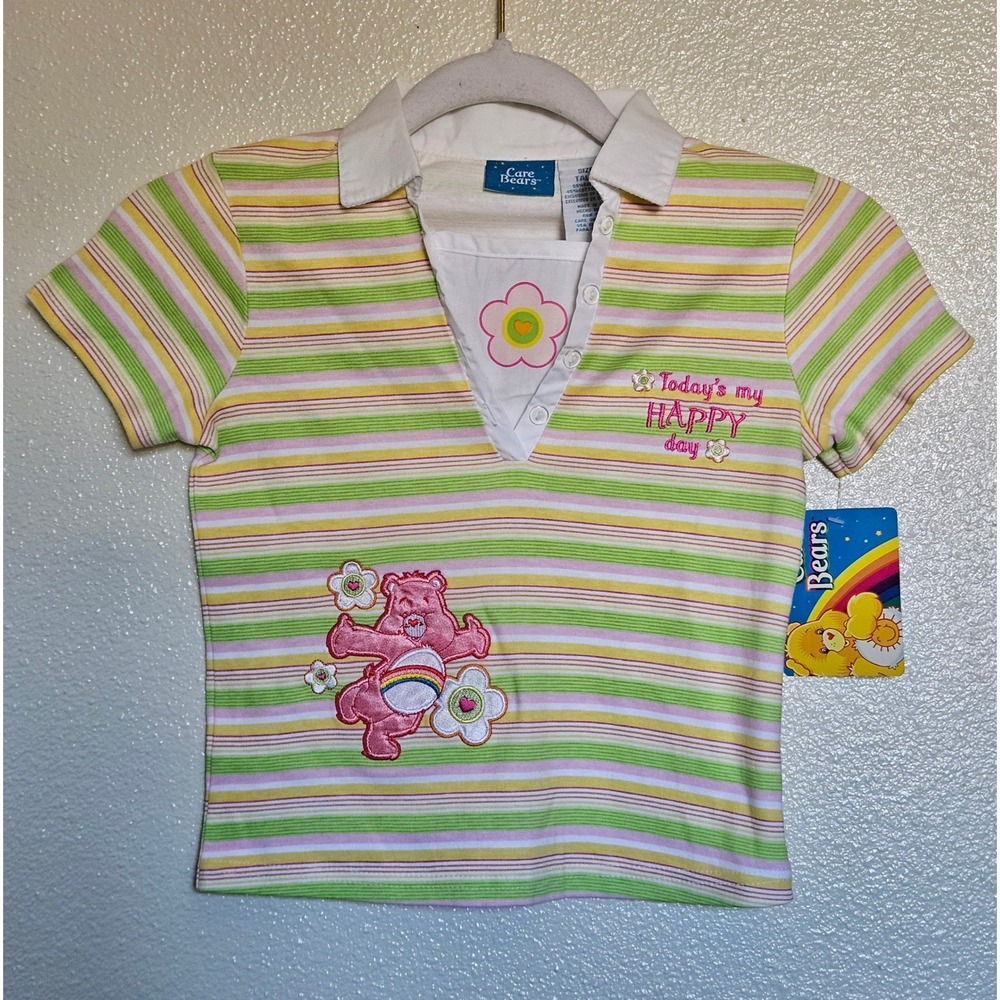 Care‎ Bears Cheer Bear Striped Polo Shirt Kids Size 8 Multi Color Vintage  NWT